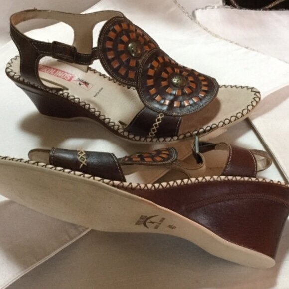 Pikolinos Women Size EU40 US 9 - 9.5 Shoes Wedge Heels Sandals Leather Brown Tan - Picture 2 of 8